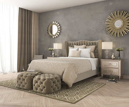 Mid-Century Bedrooms in Light Gray with Accent Wall