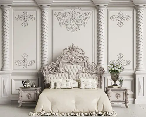 Hollywood Regency Bedrooms in Light Gray with Antique Bed 