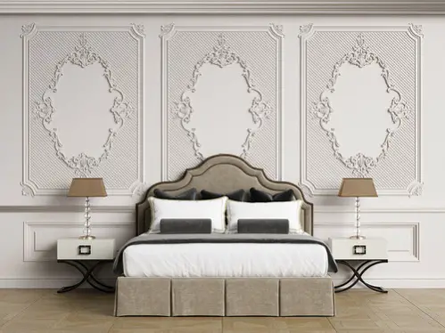 French Country Bedrooms with Artistic Details in Light Gray 