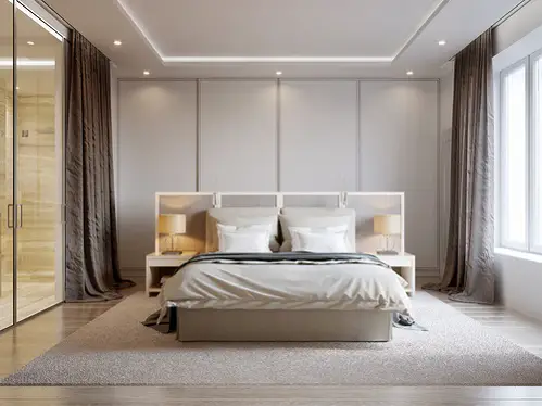 Contemporary Bedrooms in Light Gray with Beige Accents