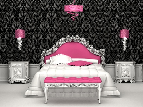 Hollywood Regency Bedrooms in Blush Pink and Bold Black 