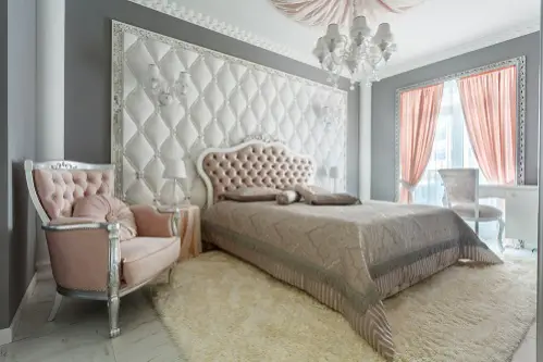 Hollywood Regency Bedrooms in Light Gray & Pretty Pink
