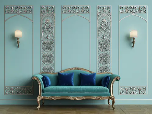 Hollywood Regency Bedrooms in Ice Blue with Designer Seating Area