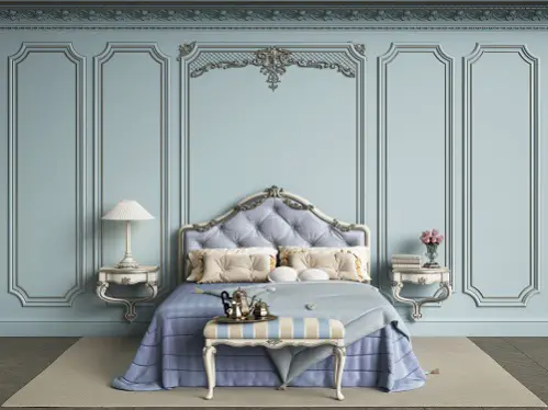 Hollywood Regency Bedrooms in Ice Blue with Moulded Walls