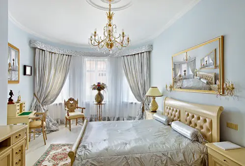Hollywood Regency Bedrooms in Ice Blue & Golden Accents 