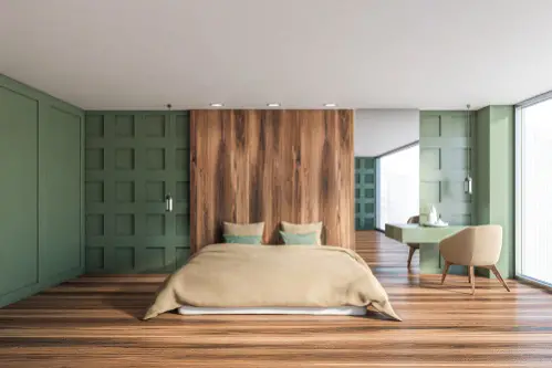 Mid-Century Bedrooms with Green Wooden Walls