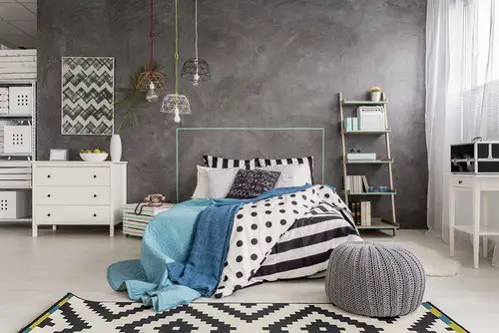 Industrial Bedrooms in Soft Black With Graphic Patterns