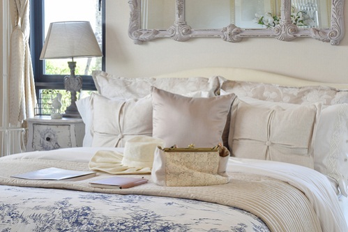 French Country Bedrooms in Light Gray with Luxe Bedding Pillows