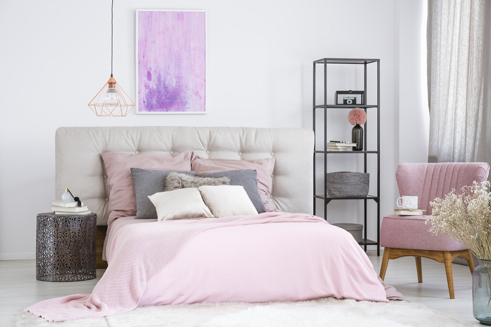 Industrial Bedrooms in Light Gray & Pastel Pink