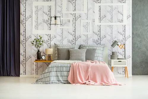 Scandinavian Bedrooms in Light Gray with Natural Wallpaper