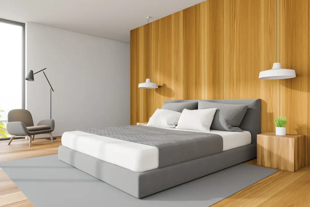 Modern Bedrooms in Light Gray with Wooden Walls