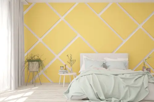 Scandinavian Bedrooms in Lemon Yellow with Patterned Walls