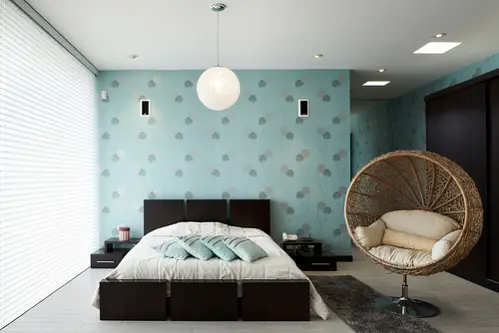 Contemporary Bedrooms in Ice Blue with Patterned Wallpaper