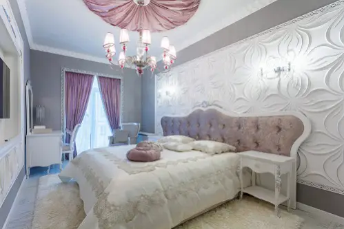Hollywood Regency Bedrooms in Light Gray with Pink Accents