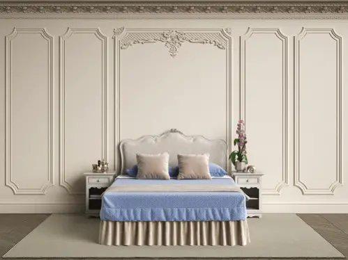 Hollywood Regency Bedrooms in Ice Blue with Silk Fabrics