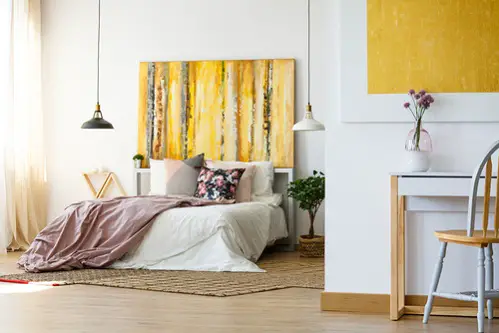 Rustic Bedrooms with Lemon Yellow Headboard
