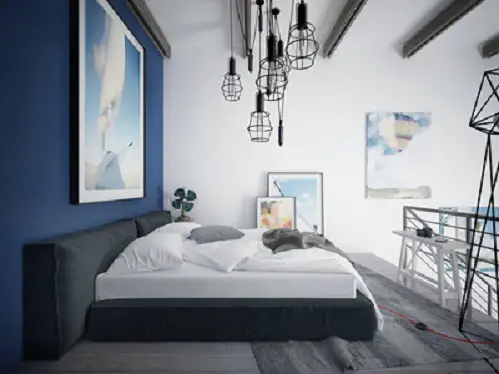Industrial Bedrooms in Cobalt Blue with accent wall 