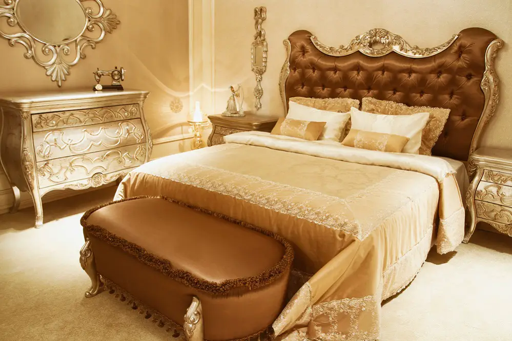 Hollywood Regency Bedrooms in Caramel With Upholstered Bed