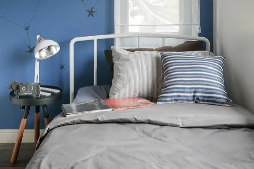 Mid-Century Bedrooms in Cobalt Blue with Striped Patterned