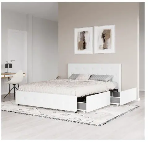 DHP Dakota Upholstered Platform Bed with Storage Drawers, White Faux Leather, Full