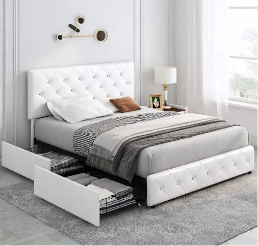 white bed frame with drawers